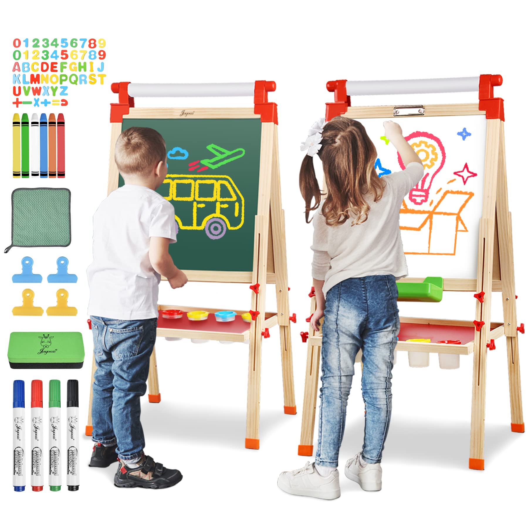 JOYOOSS Kids Wooden Easel with Paper Roll - Adjustable Magnetic Double Sided Dra