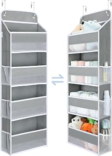 Yecaye 1 Pack Over the Door Organizer with 4 Big Pockets 6 Mesh Pockets | 35.2lbs Load Closet Door Organizer Hanging, Swing-proof Diaper Storage for Nursery Newborn Baby Essentials Stuff, Grey