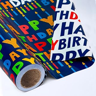 Yarcony Birthday Wrapping Paper,17InX33Ft,Blue Wrapping Paper Birthday Boy | Colorful Happy Birthday Wrapping Paper, Navy Blue Birthday Gift Wrap for Boys Men Birthday,Baby Shower, Holiday