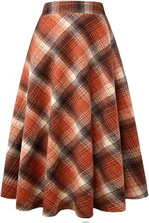 IDEALSANXUN Womens Plaid Wool Skirts Elastic Waist A-Line Pleated Tartan Long Skirts