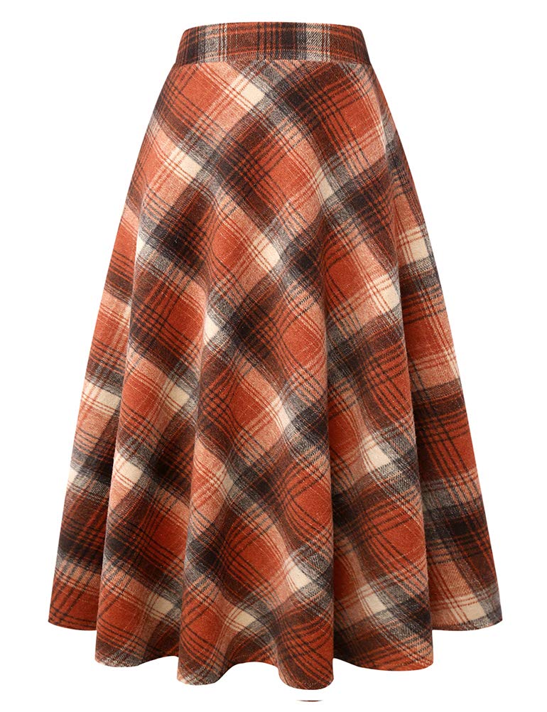 IDEALSANXUN Womens Plaid Wool Skirts Elastic Waist A-Line Pleated Tartan Long Sk