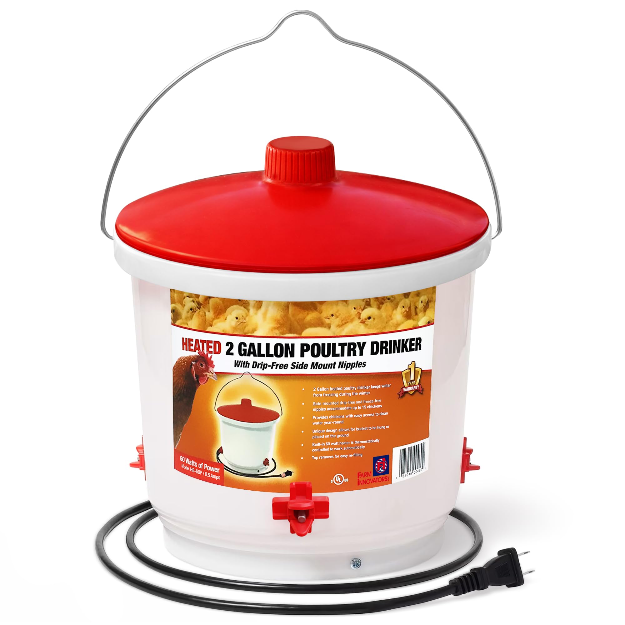 Farm Innovators HB-60P Heated Poultry Waterer Drinker, 2-Gal, 60W | Thermostatic