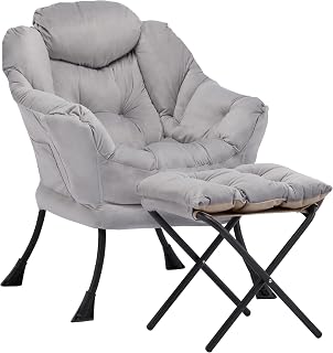 Armchair with Footstool, Modern Accent Chair with Steel Frame, Comfy Reading Chair with Side Pocket, Upholstered Lazy Chair with Ottoman for Small Space, Bedroom, Living Room,Grey