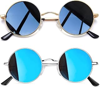 Joopin Vintage Round Sunglasses Men's Polarised Sunglasses Retro Hippie Steampunk for Women with Metal Frame 2 Pairs