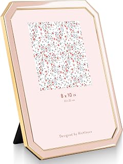 RICHFOCUS 8x10 Enamel Picture Frame with HD-Tempered Glass, Octagon Photo Frame with Gold Metal Edge and Velvet Back for Tabletop and Wall Mount Display, Pink