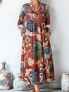 Women's Autumn/Winter Long-Sleeve Floral Print Dress Versatile Fashionable V-Neck Dress for Home & Leisure