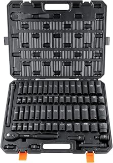 VEVOR 1/2" Drive Impact Socket Set 65 Piece, 3/8" to 1-1/4" and 10-24mm | SAE and Metric, 6 Point Cr-V Alloy Steel, Easy-to-Read Size Markings, Rugged Construction, with Storage Case, for Auto Repair