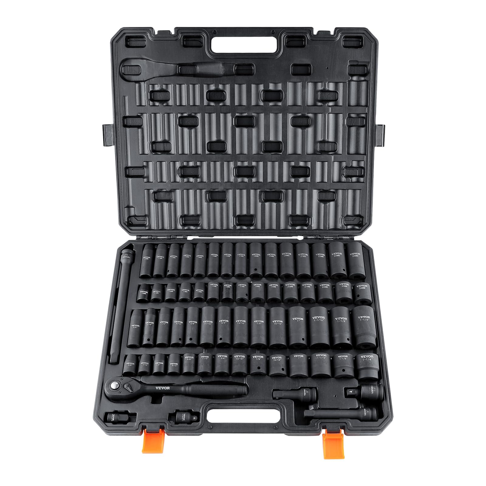 VEVOR 1/2" Drive Impact Socket Set 65 Piece, 3/8" to 1-1/4" and 10-24mm | SAE an