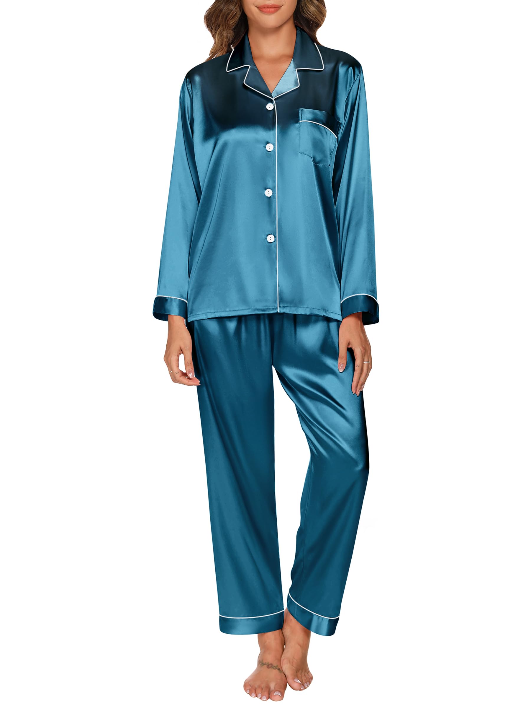 Gaeshow Ladies’ Pyjama Set, Silk Satin Long-Sleeve Sleepwear, Lounge Wear for Al
