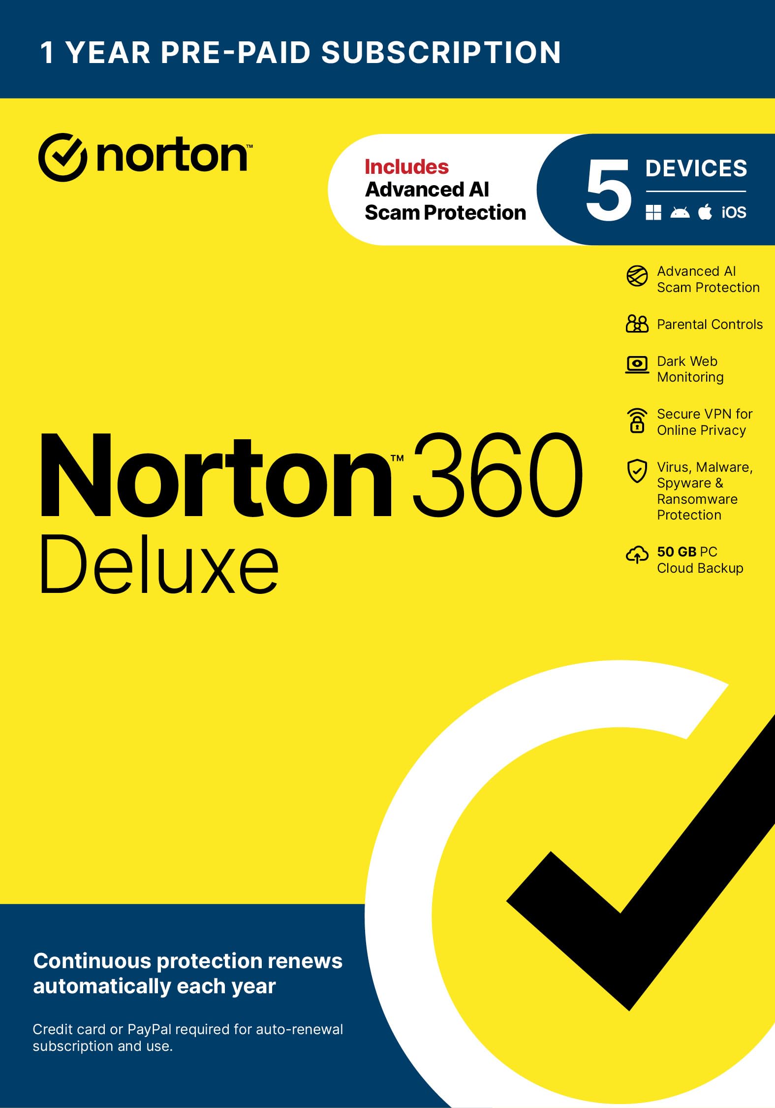 Norton 360 Deluxe 2027 Antivirus, 5 Devices, Auto-Renews [Key Card] | Includes S
