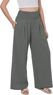 Lofbaz Women's Summer Flowing Cotton Linen Palazzo Wide Trousers Beach High Waist Trousers Boho Long Lounge Trousers with Pockets