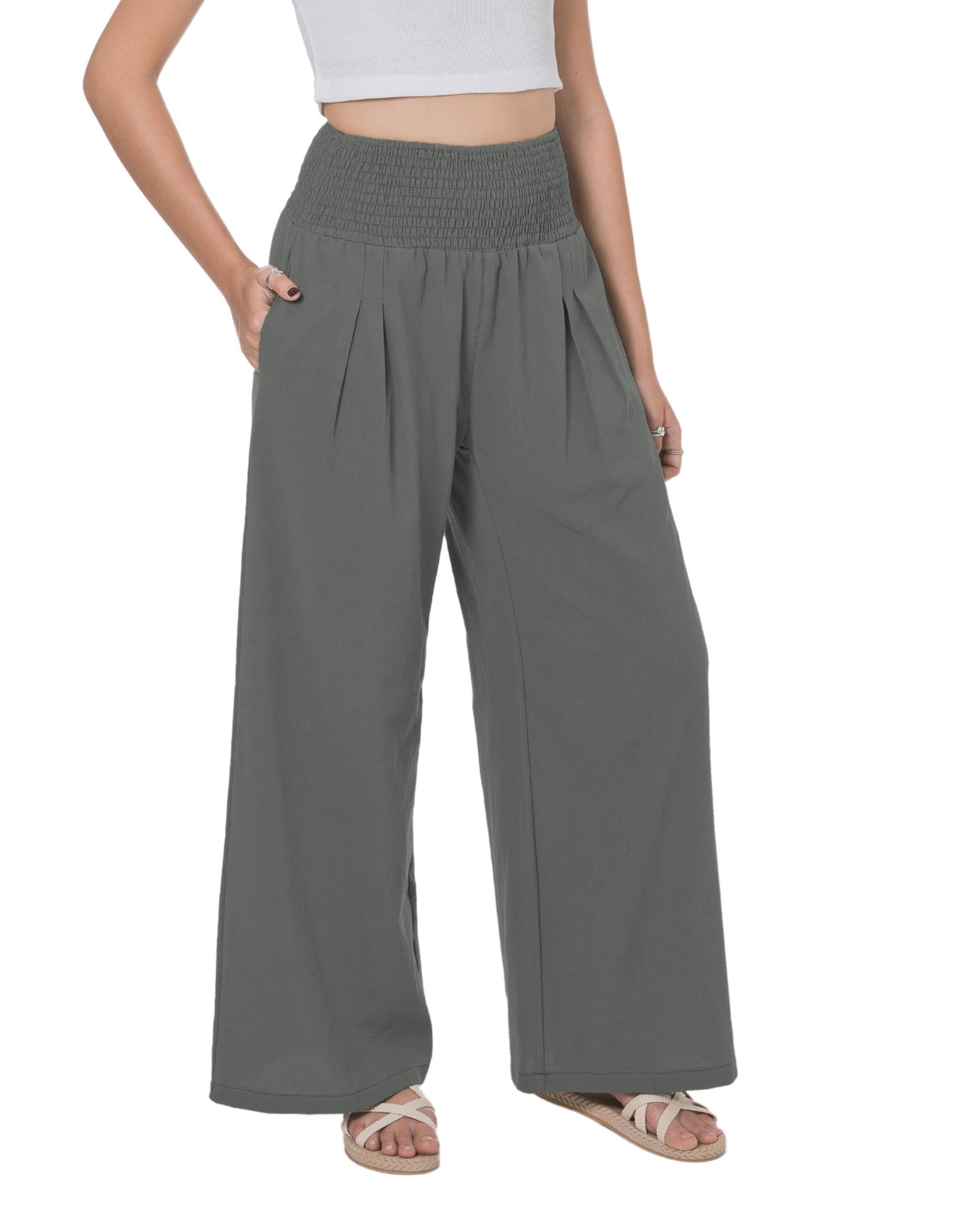 Lofbaz Women's Summer Flowing Cotton Linen Palazzo Wide Trousers Beach High Wais