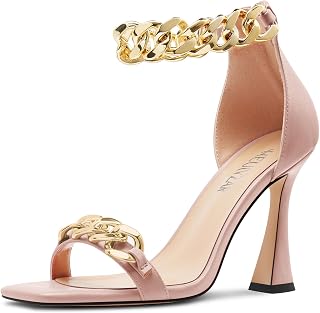 HEUIVZAR Women's High High Kitten Heel Square Toe Sandals Ankle Strap Zipper Metal Chain Wedding Dress 10 CM Heels