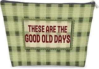 Inspirational Green Plaid Makeup Bag Gifts for Women, These are the Good Old Days Motivational Cosmetic Bag, Retro Sage Green Checkered Zipper Makeup Pouch Travel Toiletry Bag
