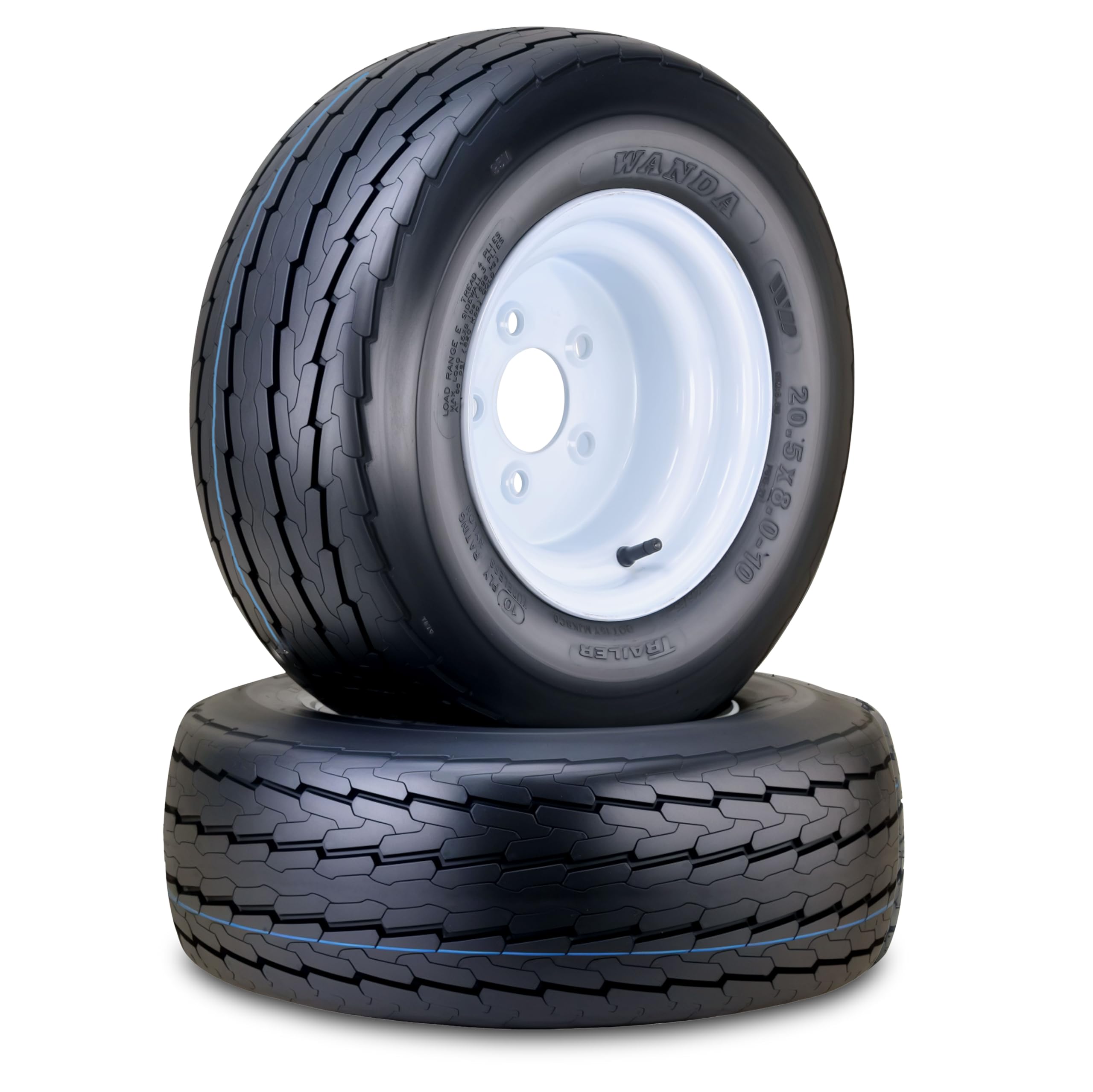 WANDA Trailer Tire Wheel 20.5x8-10 10PR E 95L w 5 Lugs on 4.5 White Rim Pk2 | 5x