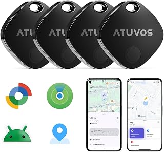ATUVOS Air Tracker Smart Tags Pro for Android & iOS, New Dual System Key Finder Work with Google Find Hub or Apple Find My APP, Bluetooth Item Locator for Luggage, Suitcase. Replaceable Battery.4 Pack