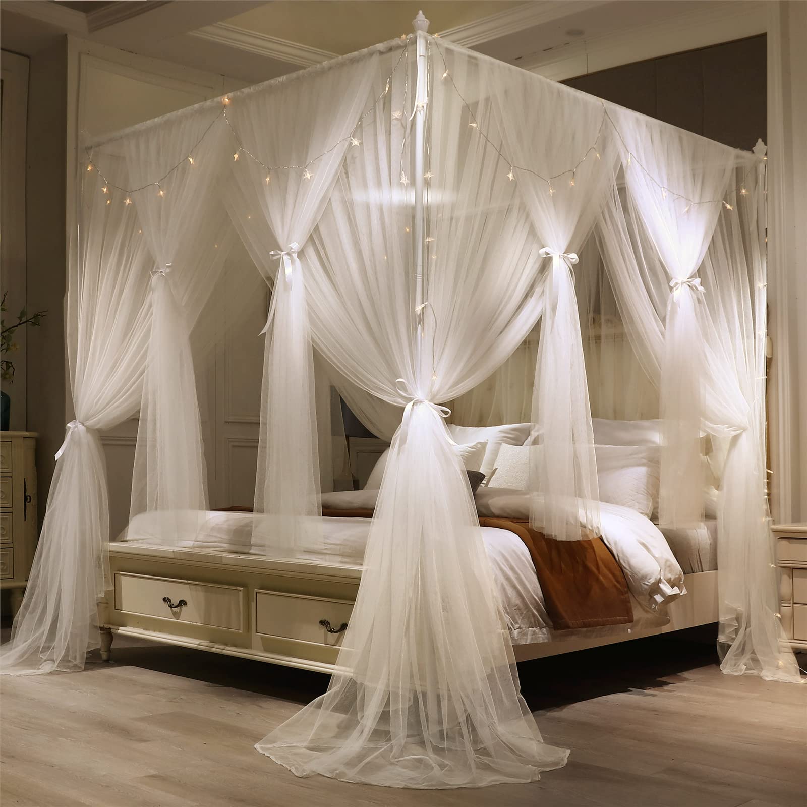VETHIN 4 Corners Post Princess Bed Canopy Curtain Double Layer Cozy Drape Nettin