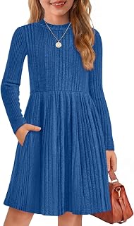 Arshiner Girls Dresses Long Sleeve A Line Knit Sweater Dress with Pockets