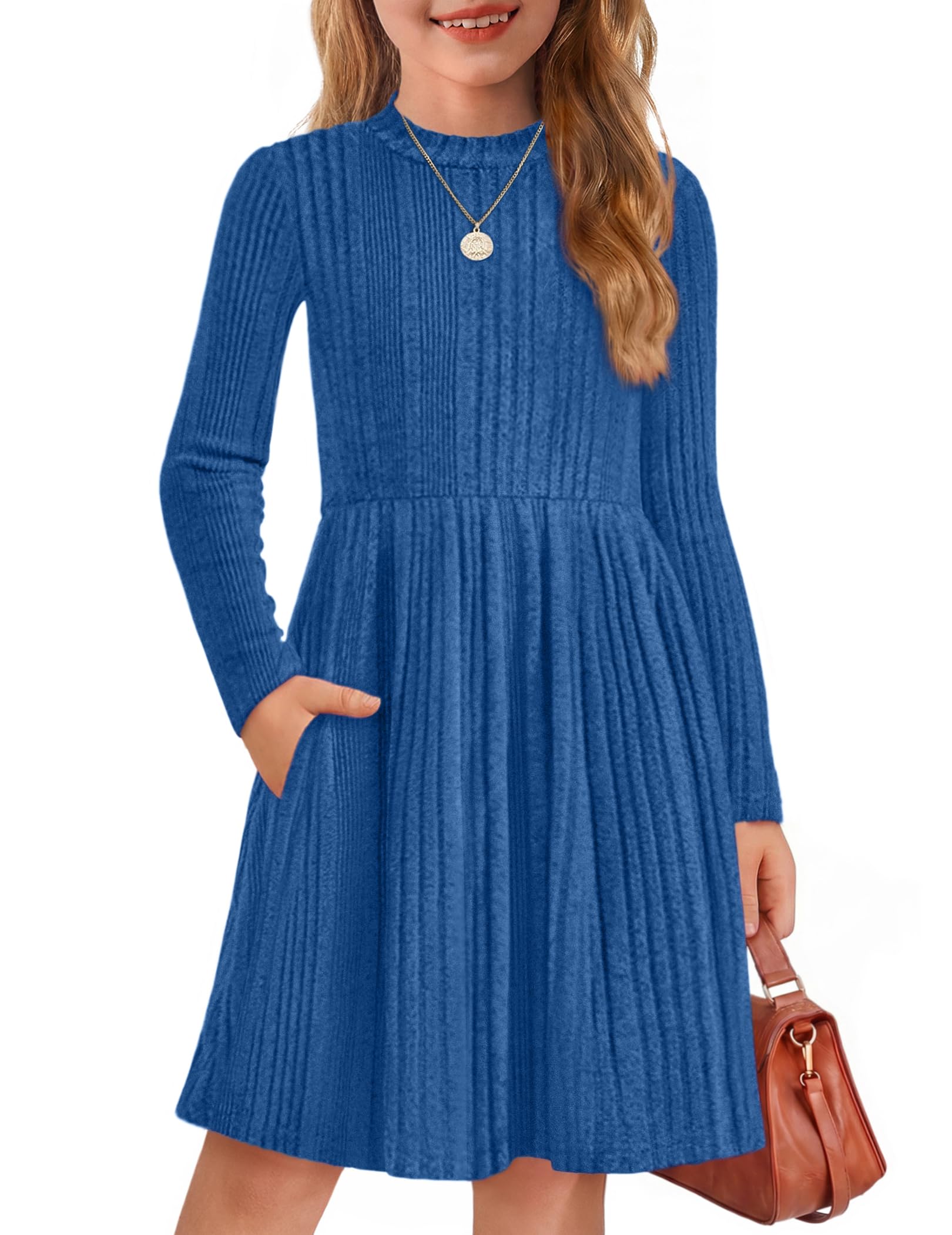Arshiner Girls Dresses Long Sleeve A Line Knit Sweater Dress with Pockets