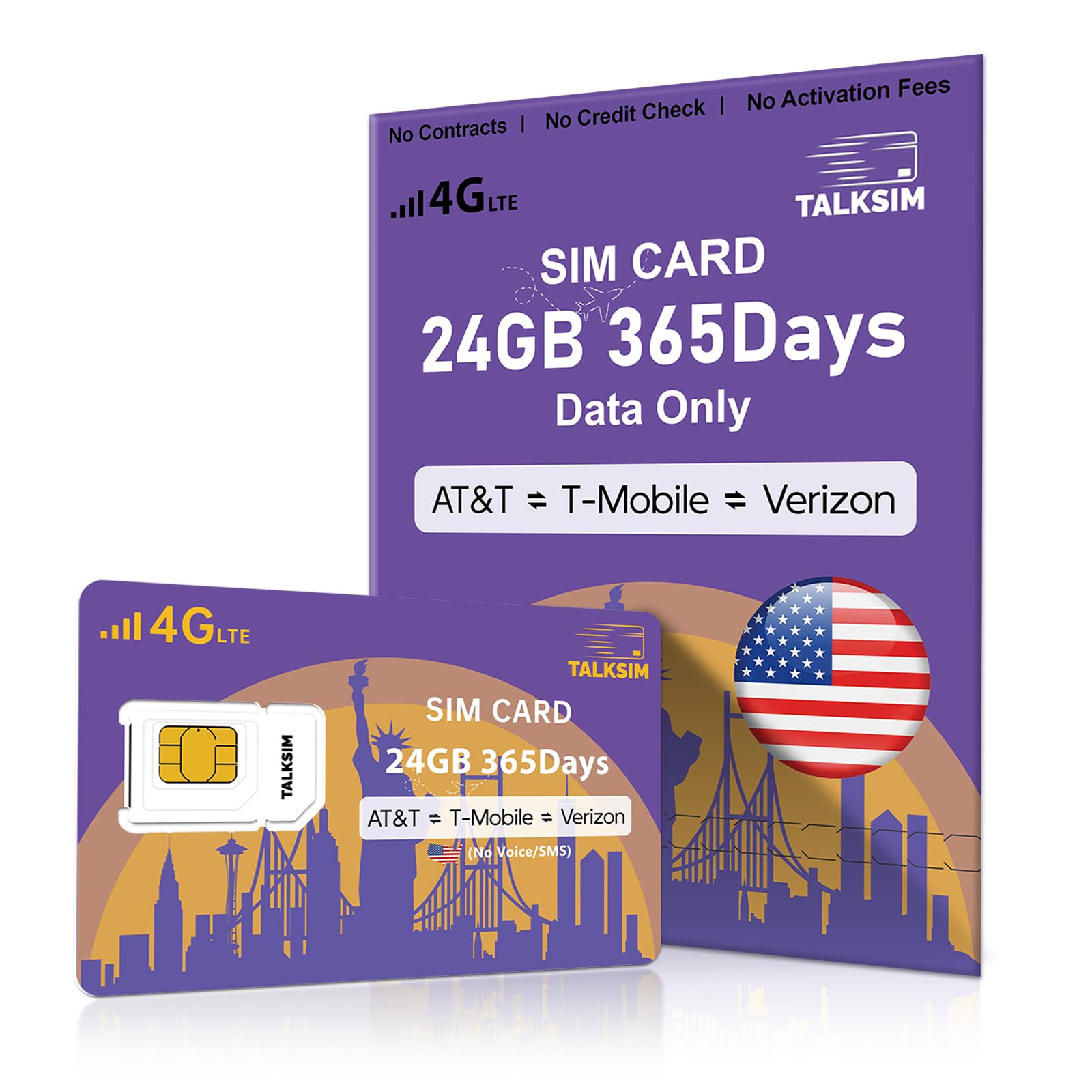 TALKSIM Data SIM Card 24GB 365Days Works with Verizon, AT&T and T-Mobile | 4G LT