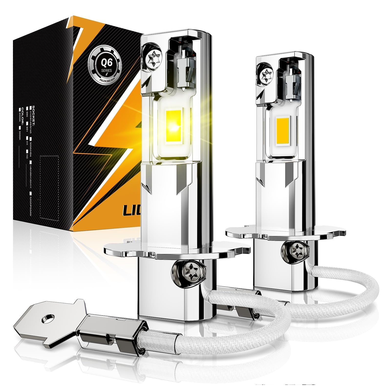 Auxbeam Q6 Series H3 LED Fog Light Bulbs, 3000K Golden Yellow 12000LM