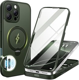 BERFY Custodia per iPhone 16 Pro Max con supporto magnetico girevole a 360°, compatibile con MagSafe, pellicola protettiva in vetro integrata e anello di supporto, custodia trasparente opaca per 16