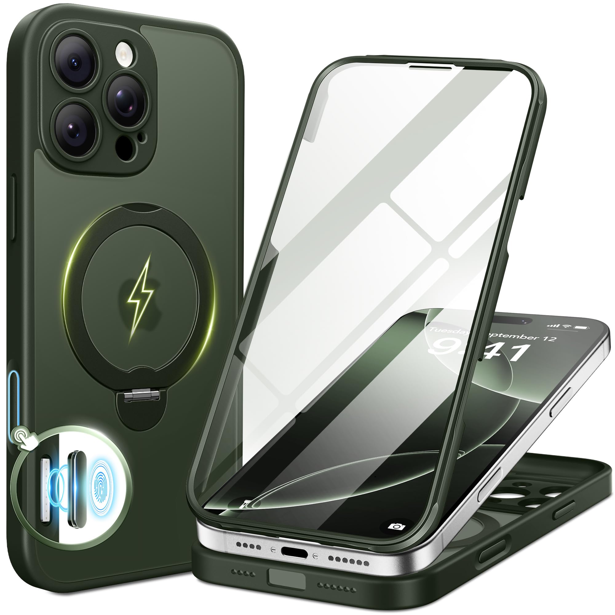 BERFY Custodia per iPhone 16 Pro Max con supporto magnetico girevole a 360°, com