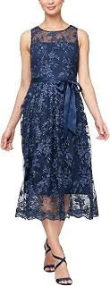 Alex Evenings Women's Sleeveless Midi Dress With Elegant Embroidery, Full Skirt and Tie Belt (Petite and Regular Sizes)