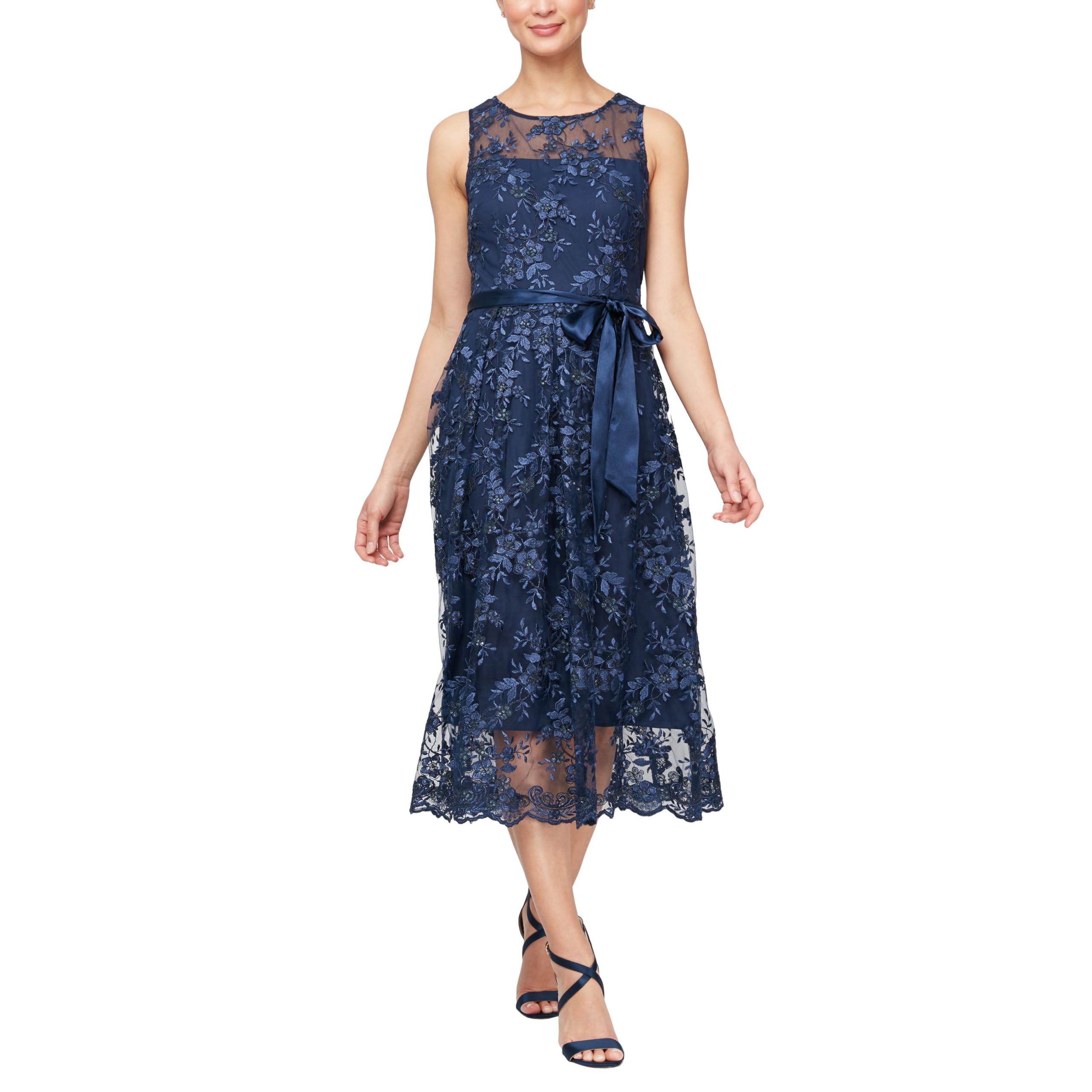Alex Evenings Women's Sleeveless Midi Dress With Elegant Embroidery, Full Skirt 
