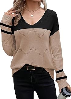 Zeagoo Women's Elegant Knitted Sweater V Neck Fall Crochet Sweater Long Sleeve Fashion Plain Casual Sweater Sizes S-XXL