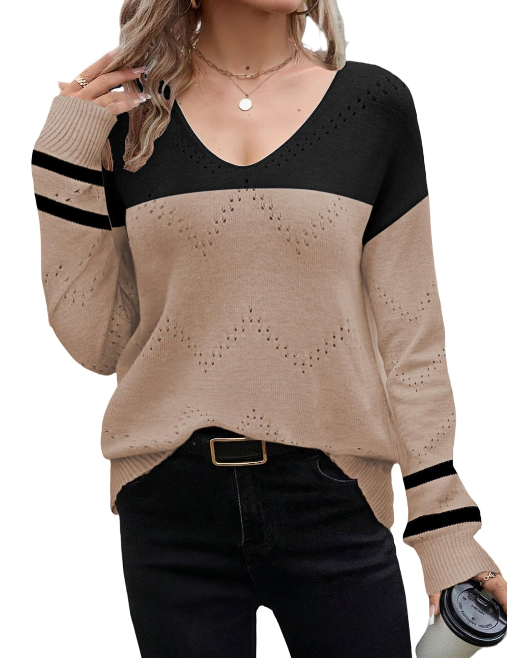 Zeagoo Women's Elegant Knitted Sweater V Neck Fall Crochet Sweater Long Sleeve F
