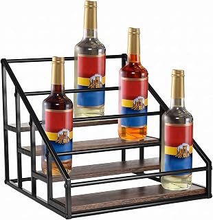 YQBRAO 4-Tier Coffee Syrup Organizer, 16-Bottle Rack, Rustic Brown | Holds up to 16 bottles with stepped visibility; rustic wood and metal design for syrups, kitchens, and home coffee bars.