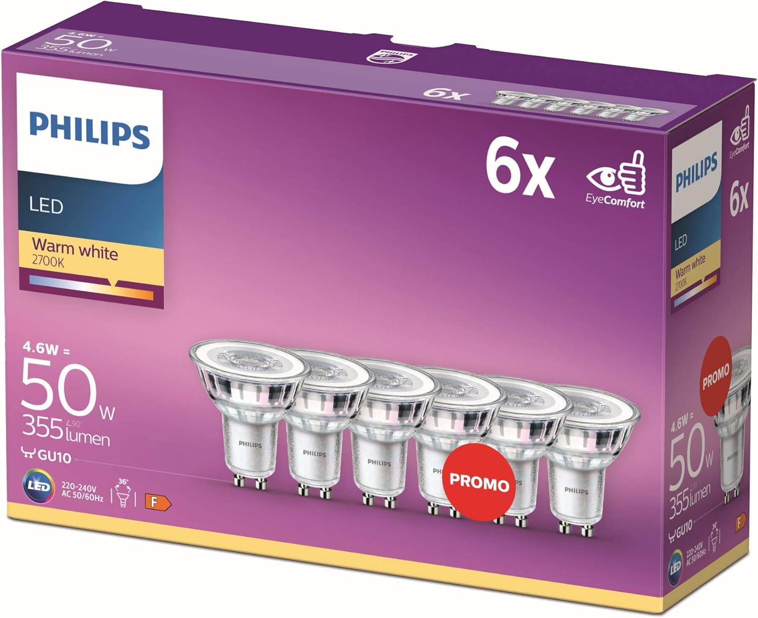 Philips LED Classic 50 W, GU10, Pack of 6, Warm White (2700 Kelvin), 355 Lumens,