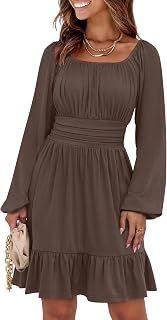 ANRABESS Abito da donna Manica Lunga Lanterna Collo Quadrato Elastico in Vita Increspatura Fluido Swing A-Line Abiti Corti 2025 Moda Autunno