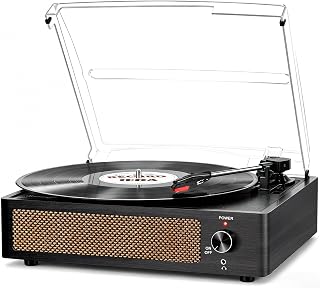 Seasonlife® Vinyl Record Player with Speakers,Wood Black Vintage Turntables | All-in-one Beginner LP Players,Retro Old-school Phonograph,Belt-Driven,3-Speed,BT Wireless Input,Headphone,AUX,RCA,Auto Stop