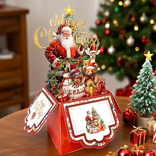 Vintage 4-Layer Christmas Greeting Card with Santa Claus, Reindeer & Tree Design - White Paper Holiday Card with Envelope, Festive Holiday Party Invitation for Friends & Family