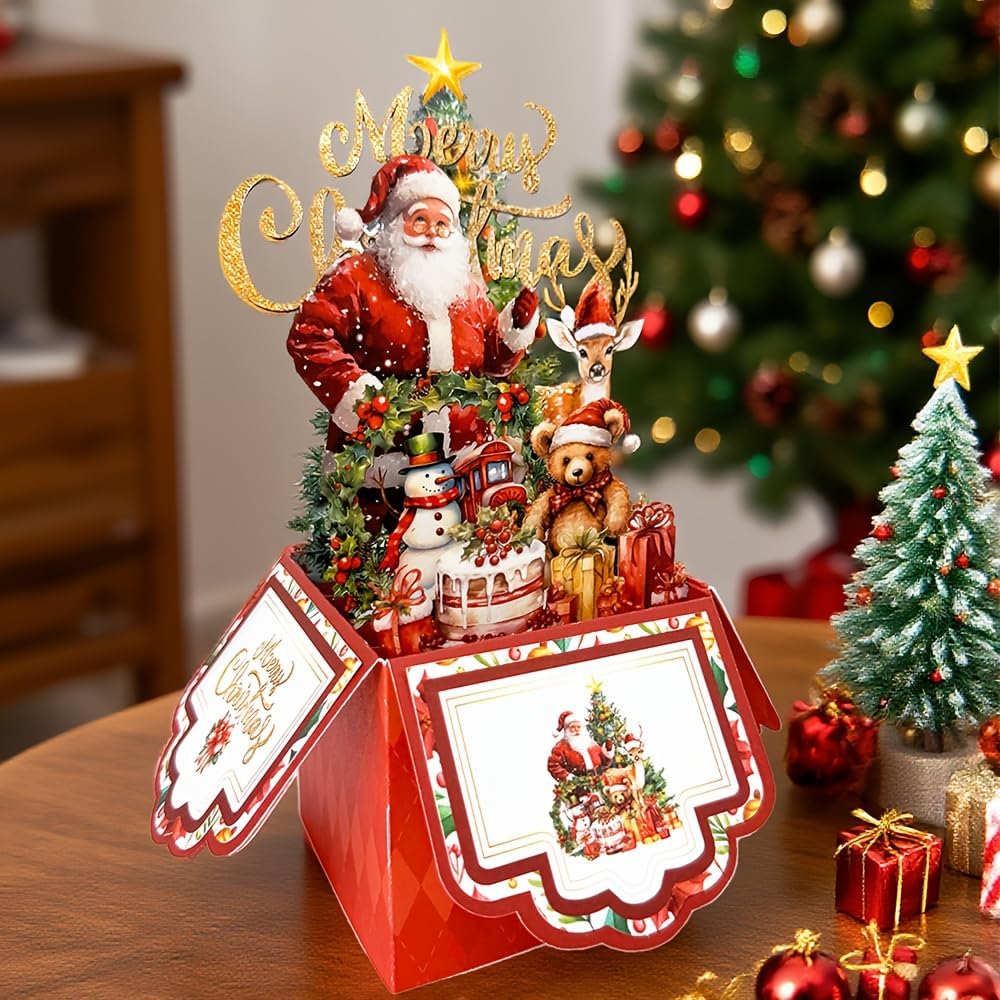 Vintage 4-Layer Christmas Greeting Card with Santa Claus, Reindeer & Tree Design