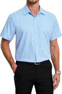 HISDERN Men's Short-Sleeved Summer Bamboo Fibre Shirt with Buttons and Pockets