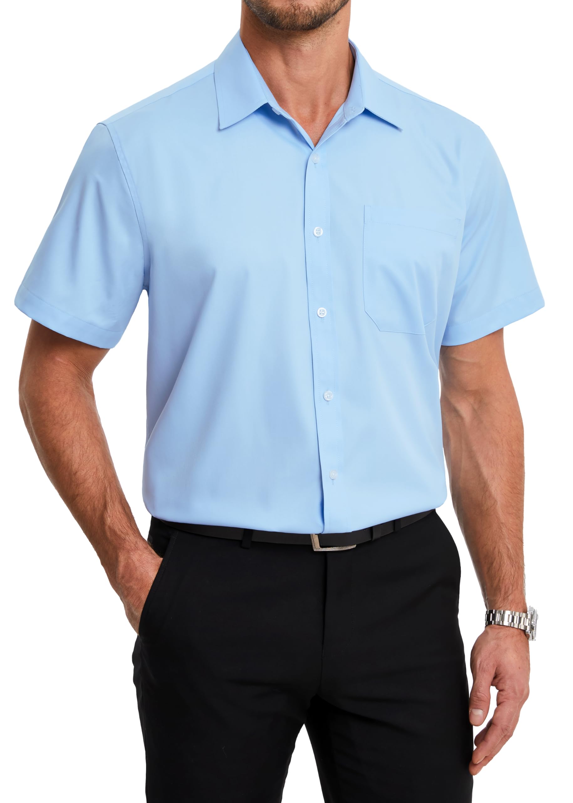HISDERN Men's Short-Sleeved Summer Bamboo Fibre Shirt with Buttons and Pockets