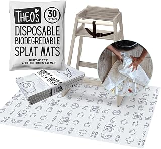Theo’S Disposable Mats - 30 Count Splat Mat for High Chairs | Baby Led Weaning Supplies, Restaurant Ready, Biodegradable, Compostable