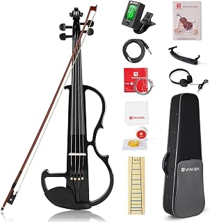 Vangoa Electric Violin Full Size 4/4, Black Silent Electric Violin, Solid Wood Metallic Electric Fiddle with Ebony Fittings, Beginner Kit for Adults Teens