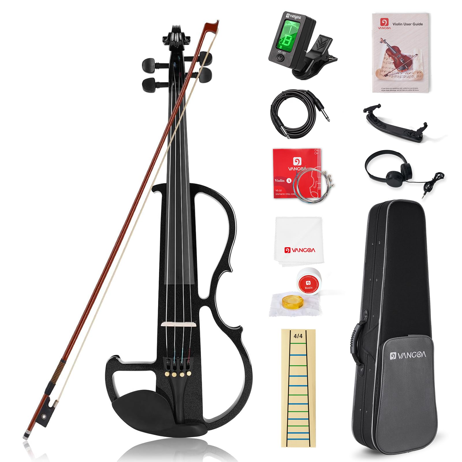 Vangoa Electric Violin Full Size 4/4, Black Silent Electric Violin, Solid Wood M