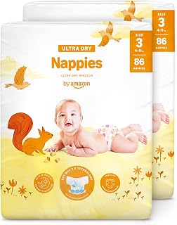 By Amazon Ultra Dry Nappies Size 3 (4-9 kg), with Air Channels, White, 172 Units (2 Packs of 86) - New Version (Formerly a Mama Bear Brand, Same Product)