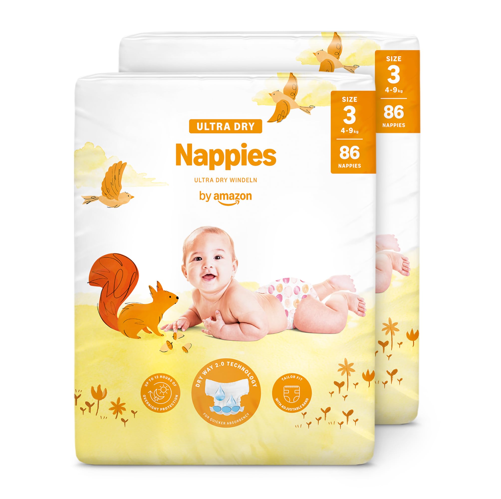 By Amazon Ultra Dry Nappies Size 3 (4-9 kg), with Air Channels, White, 172 Units