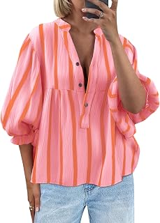 Tankaneo Women Puff Sleeve Blouse V Neck Striped Cute Casual Loose Fit Blouse Tops