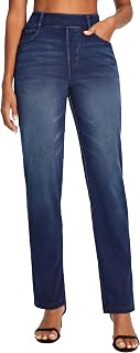 Stretchy Straight Leg Jeans for Women Pull On High Waisted Trendy Denim
