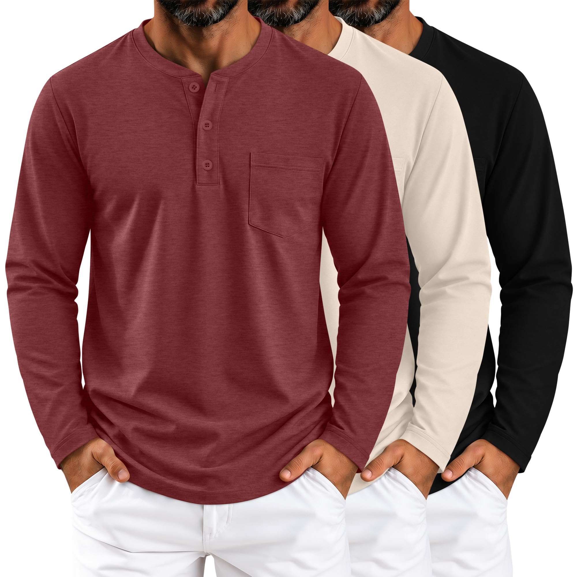 Neer 3 Pack Men's Big and Tall Henley Shirts Long Sleeve Tops