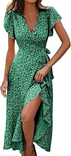 Women Floral Midi Dress Summer V Neck Flutter Sleeves Empire Waist Belt Midi Dress Ruffle Wedding Guest Dress