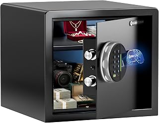 Grimtron 20LB Biometric Safe with Fingerprint Lock, 3-8 Digit PIN | 0.80 cu.ft. Safe with Silent Mode & LED & Backlit Keypad , 6.7M Combinations, Metal Knob, Removable Shelf & Easy Installation