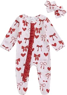 Baby Girls Valentine's Day Clothes Heart Bow Print Long Sleeve Ruffles Rompers Spring Jumpsuits with Headband
